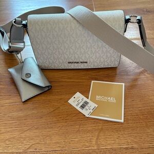 Michael Kors Silver Crossbody Vincent Small Saffiano  Crossbody With Card Case
